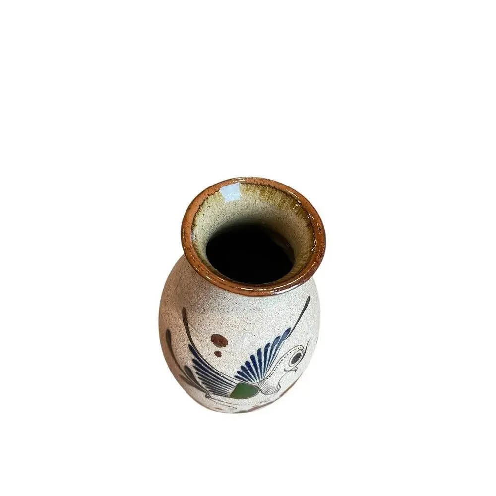 Mexican Tonala Vase Folk Art Stoneware Vase with Bird and Flower Detail